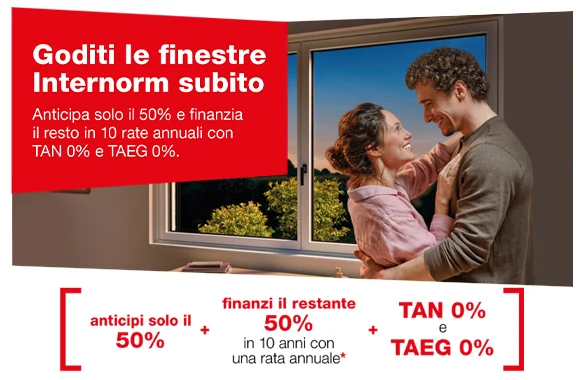 Goditi le finestre Internorm subito: anticipi solo il 50% e finanzi il restante 50% in 10 anni con una rata annuale, TAN 0% e TAEG 0%