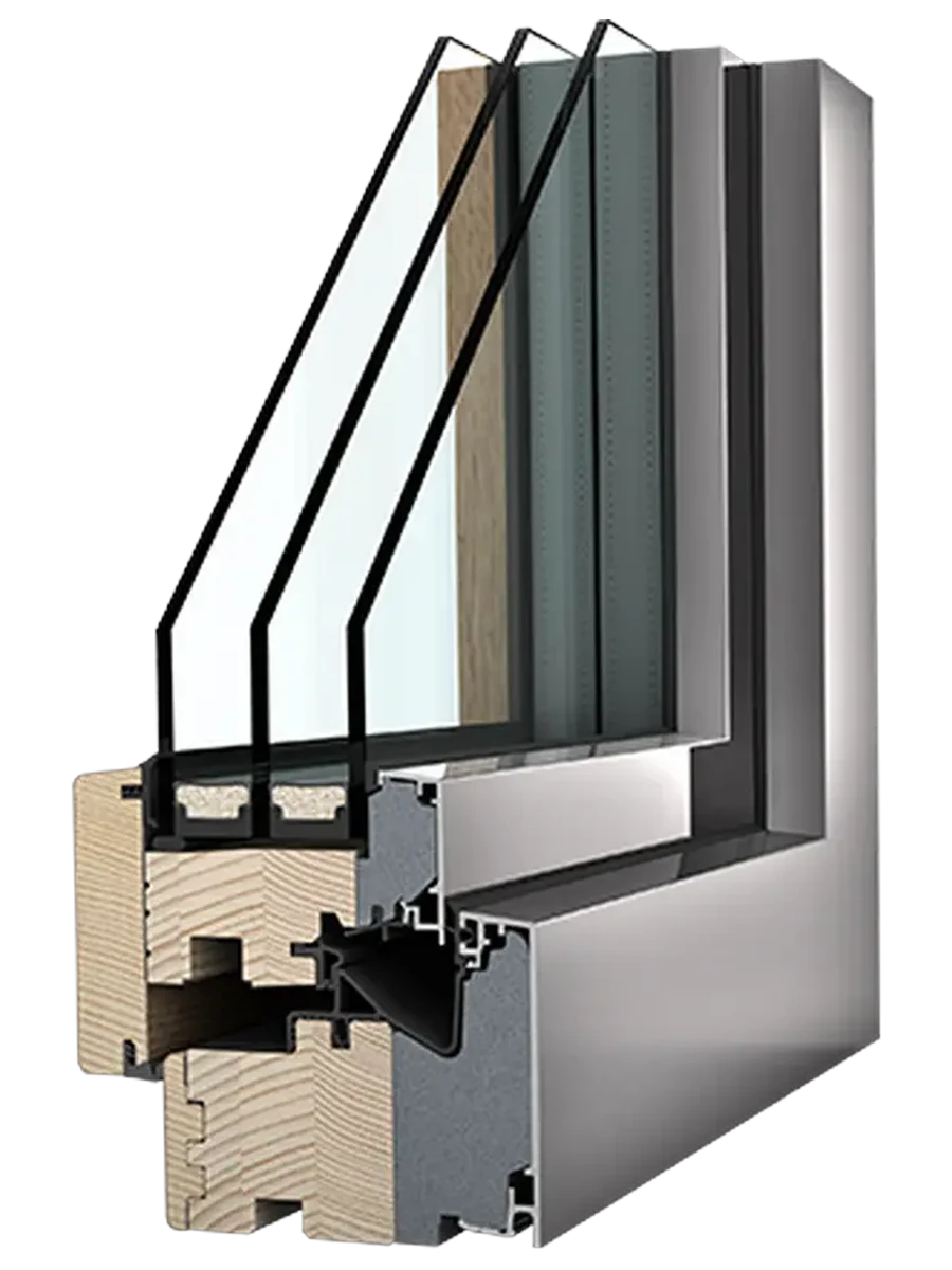 Sezione di un profilo Internorm in legno-alluminio, legno naturale all'interno