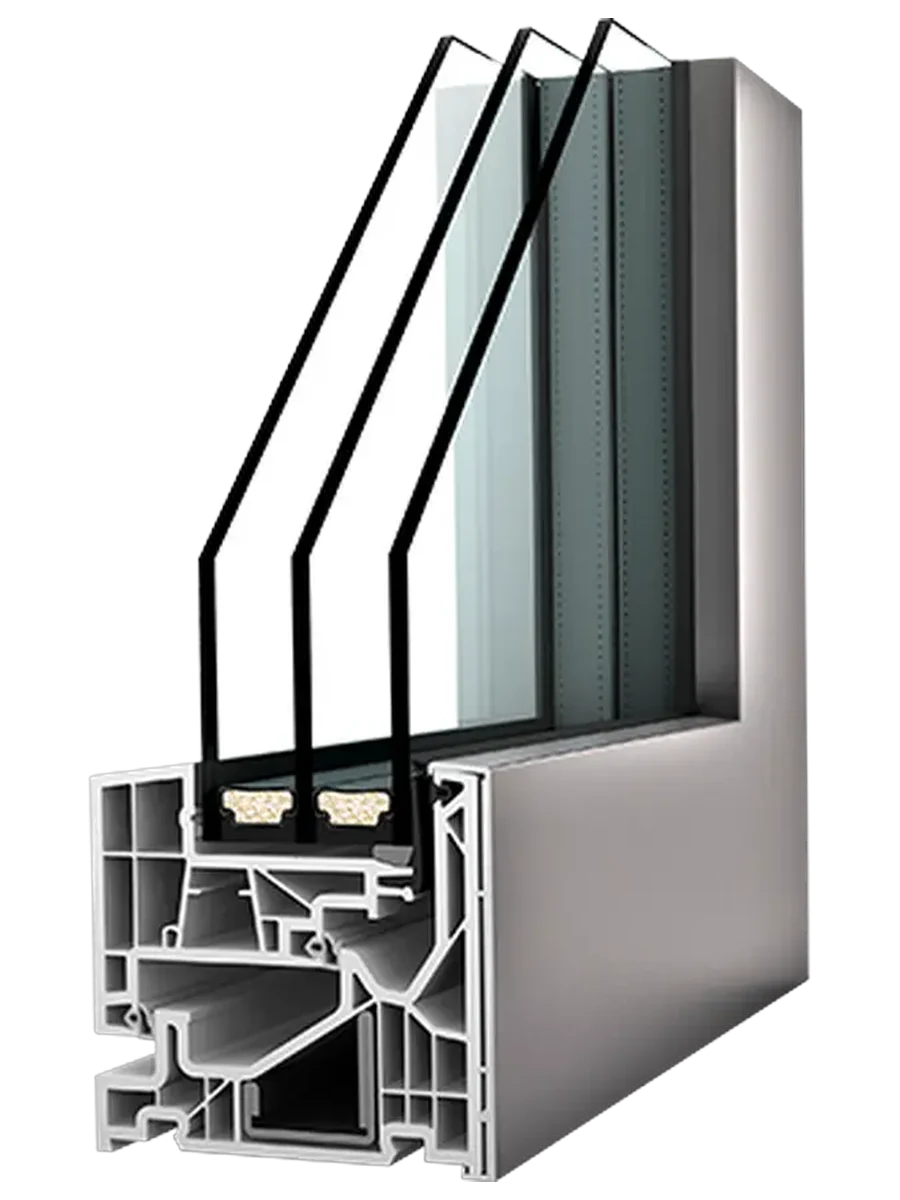 Sezione di un profilo Internorm in PVC-alluminio con guscio esterno in alluminio