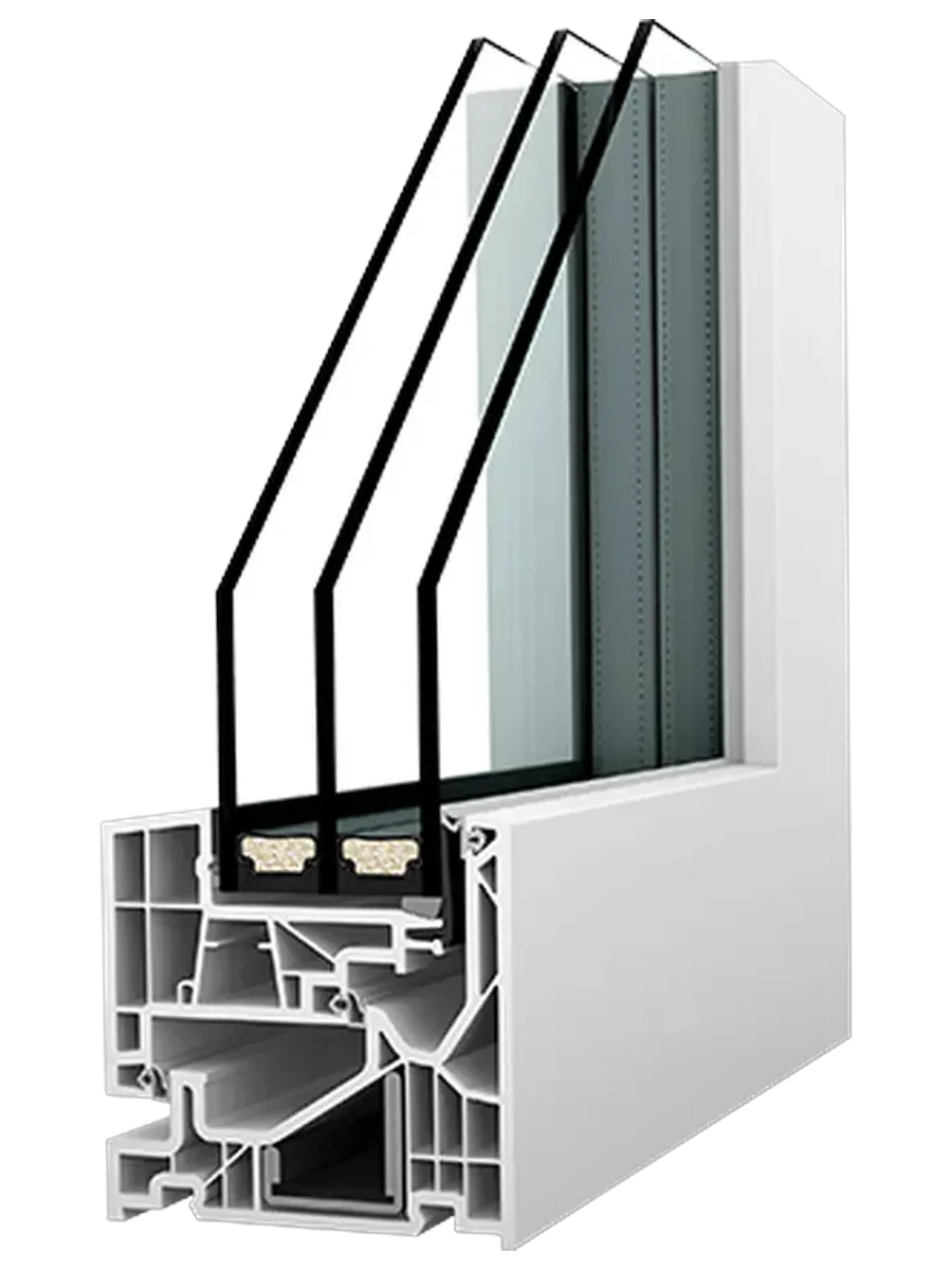 Sezione di un profilo Internorm in PVC con triplo vetro